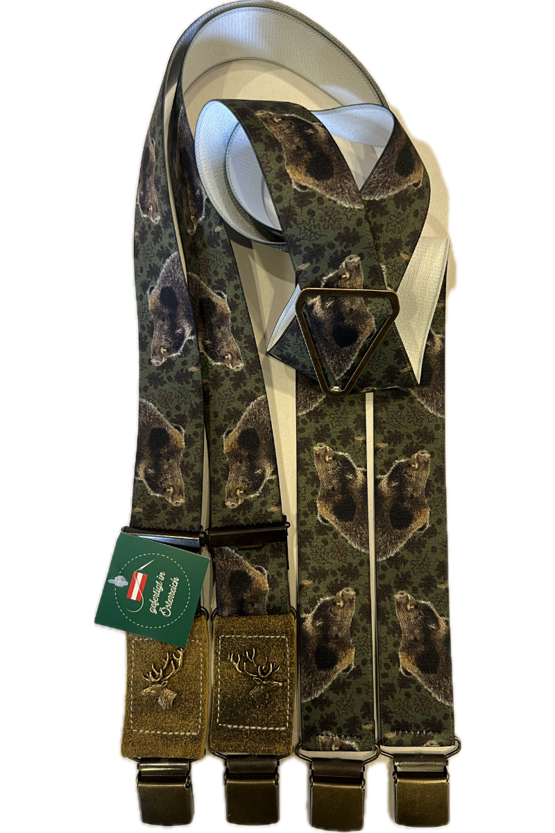 Lederhosen "Wild Boar" Green Suspenders with Clips 120cm