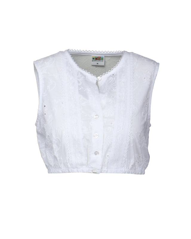 Sleeveless high-neck white Berwin Wolff Dirndl Blouse with lace detailing and button closure.