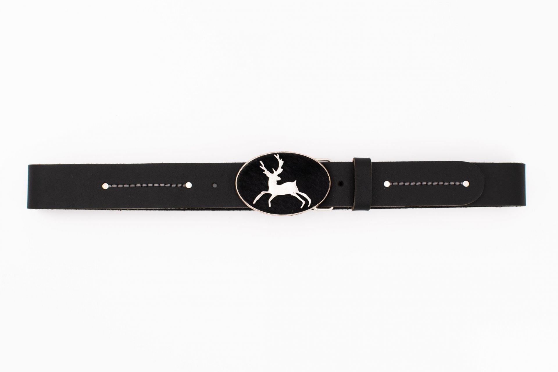 Black Trachten Belt with Deer Buckle and Fur Inlay