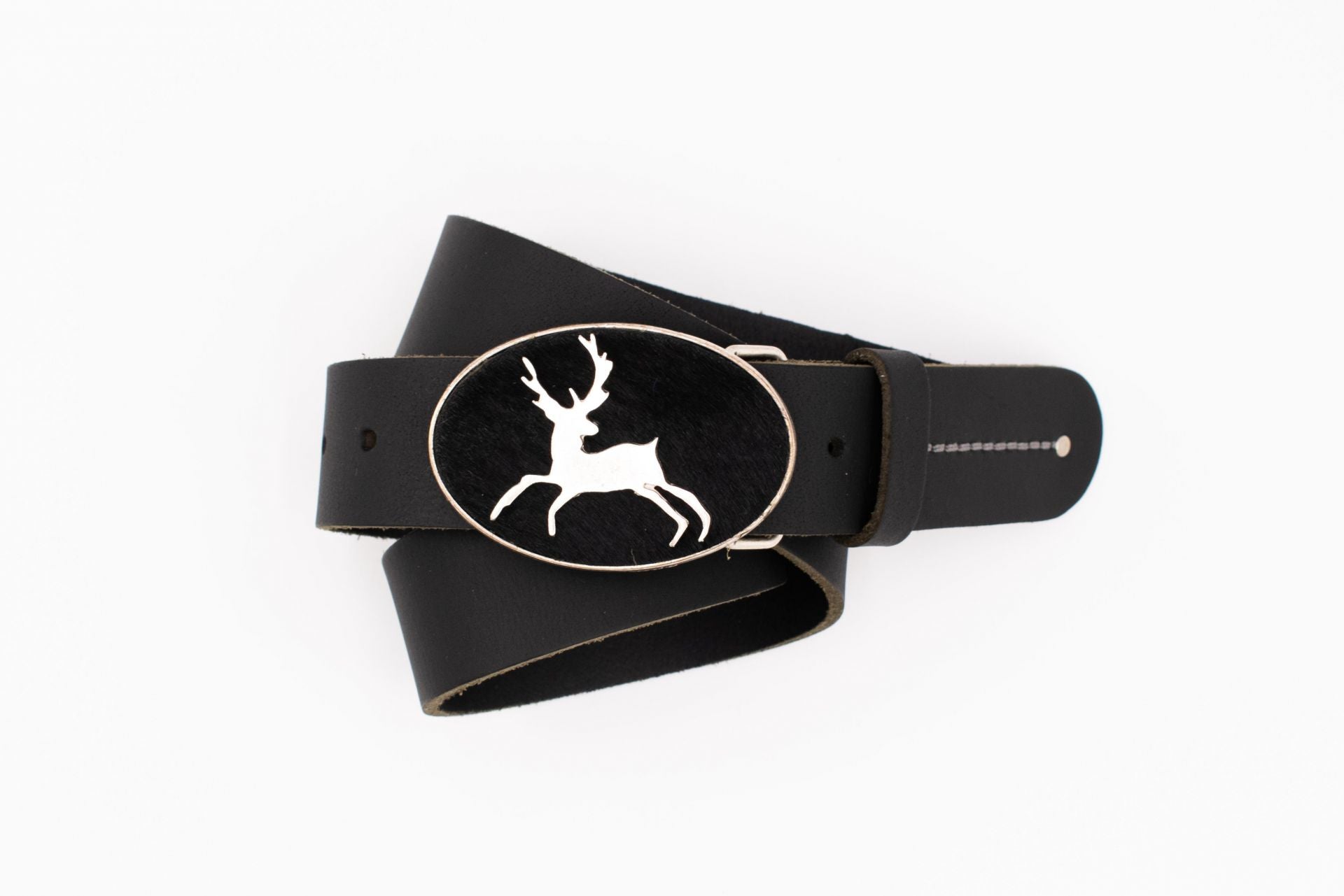 Black Trachten Belt with Deer Buckle and Fur Inlay