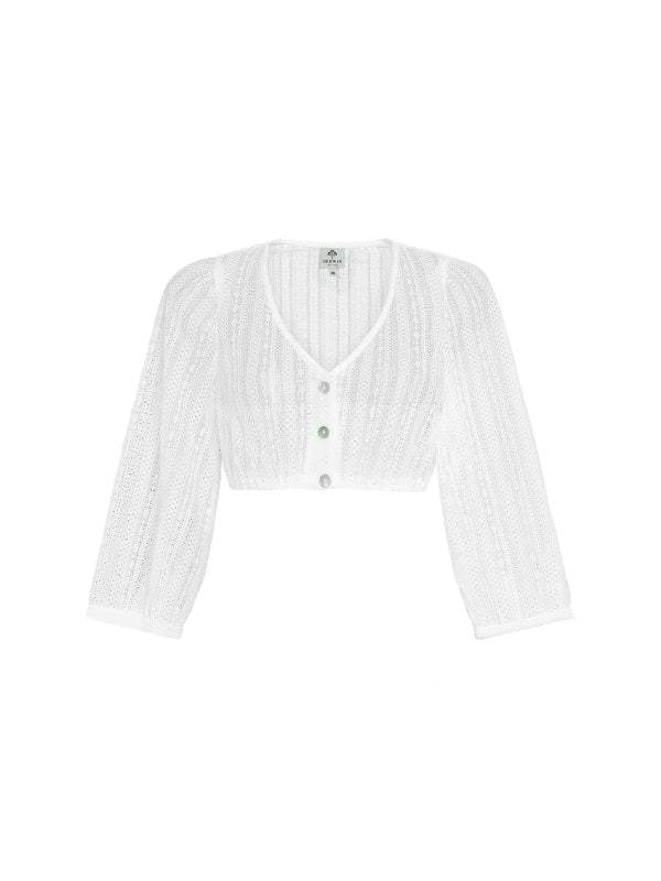 White lace Berwin dirndl blouse with wide sleeves and V-neck.