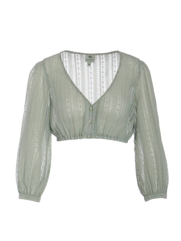 Berwin & Wolff Dirndl Blouse Ella in sage with wide 3/4 sleeves and mother-of-pearl buttons.
