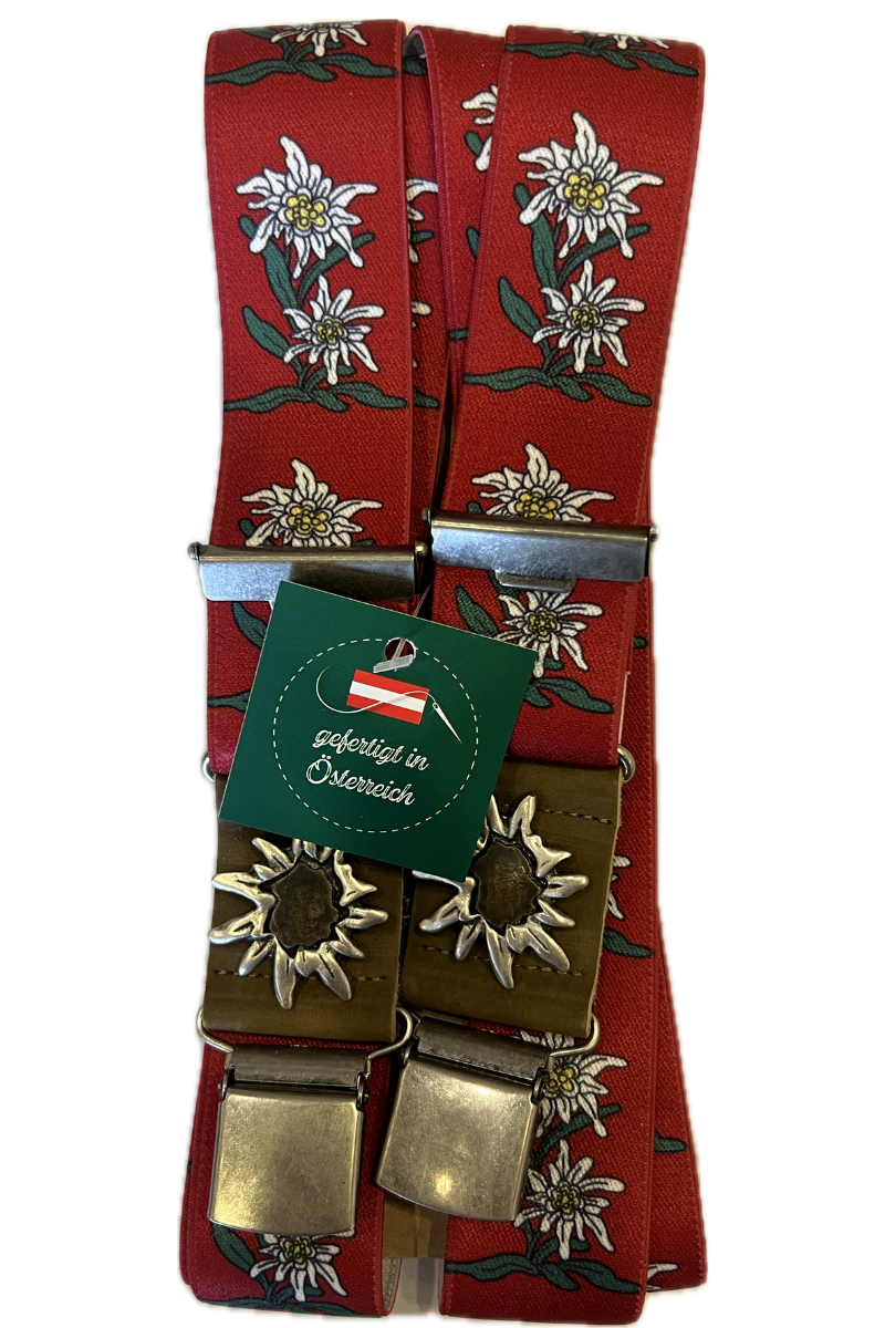 Lederhosen "Edelweiss" Red Suspenders with Clips 110cm