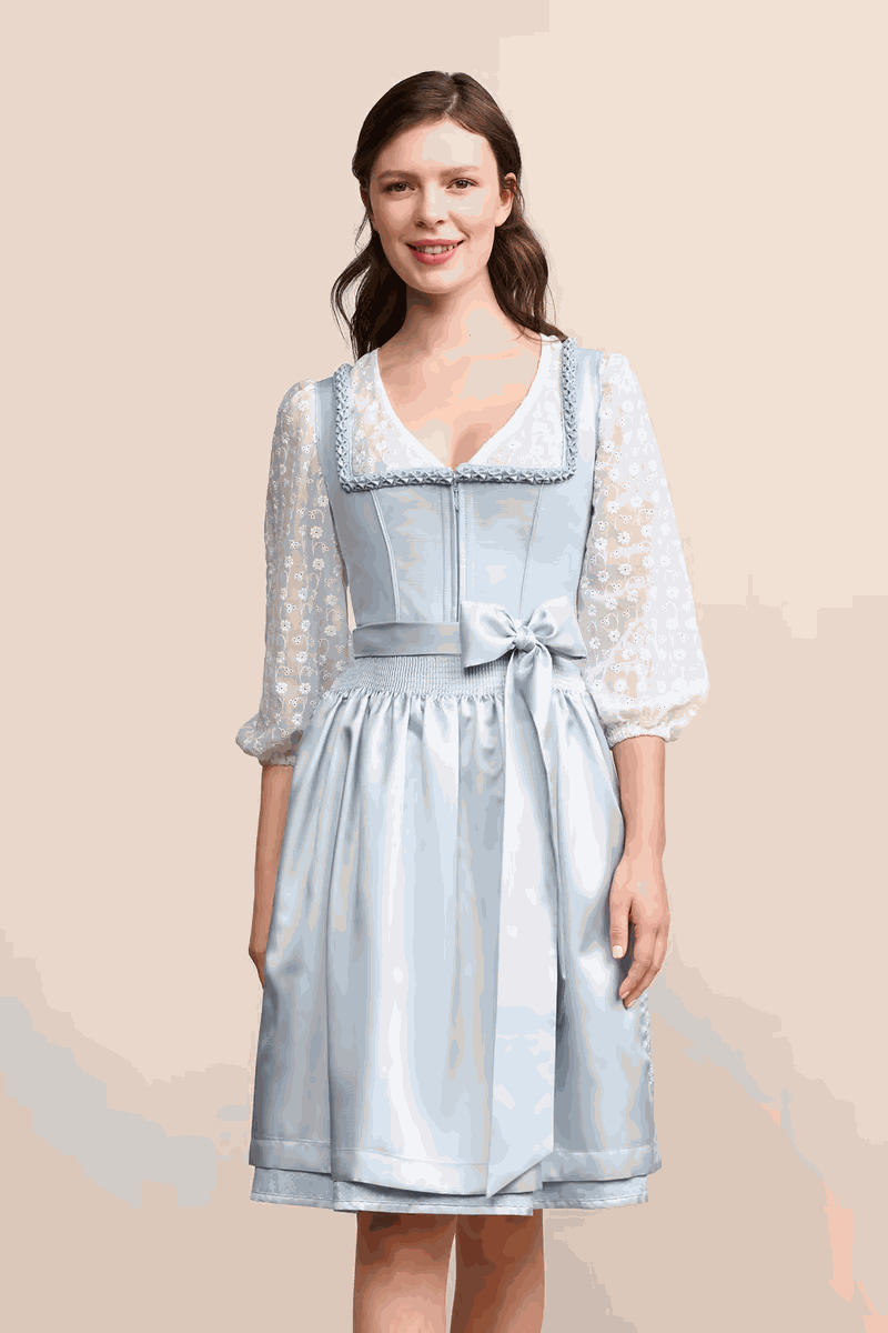 Kruger Midi Dirndl 2pcs. in green with a floral skirt and plain apron, 60cm "Lemonie" design.