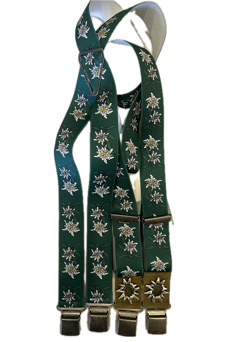Lederhosen "Edelweiss" Green Suspenders with Clips 100cm