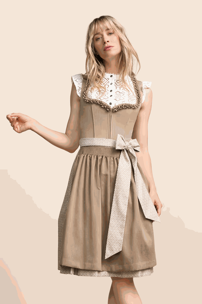Kruger Midi Dirndl Anica in beige, sleeveless with ornate skirt and straight neckline, 60cm length.