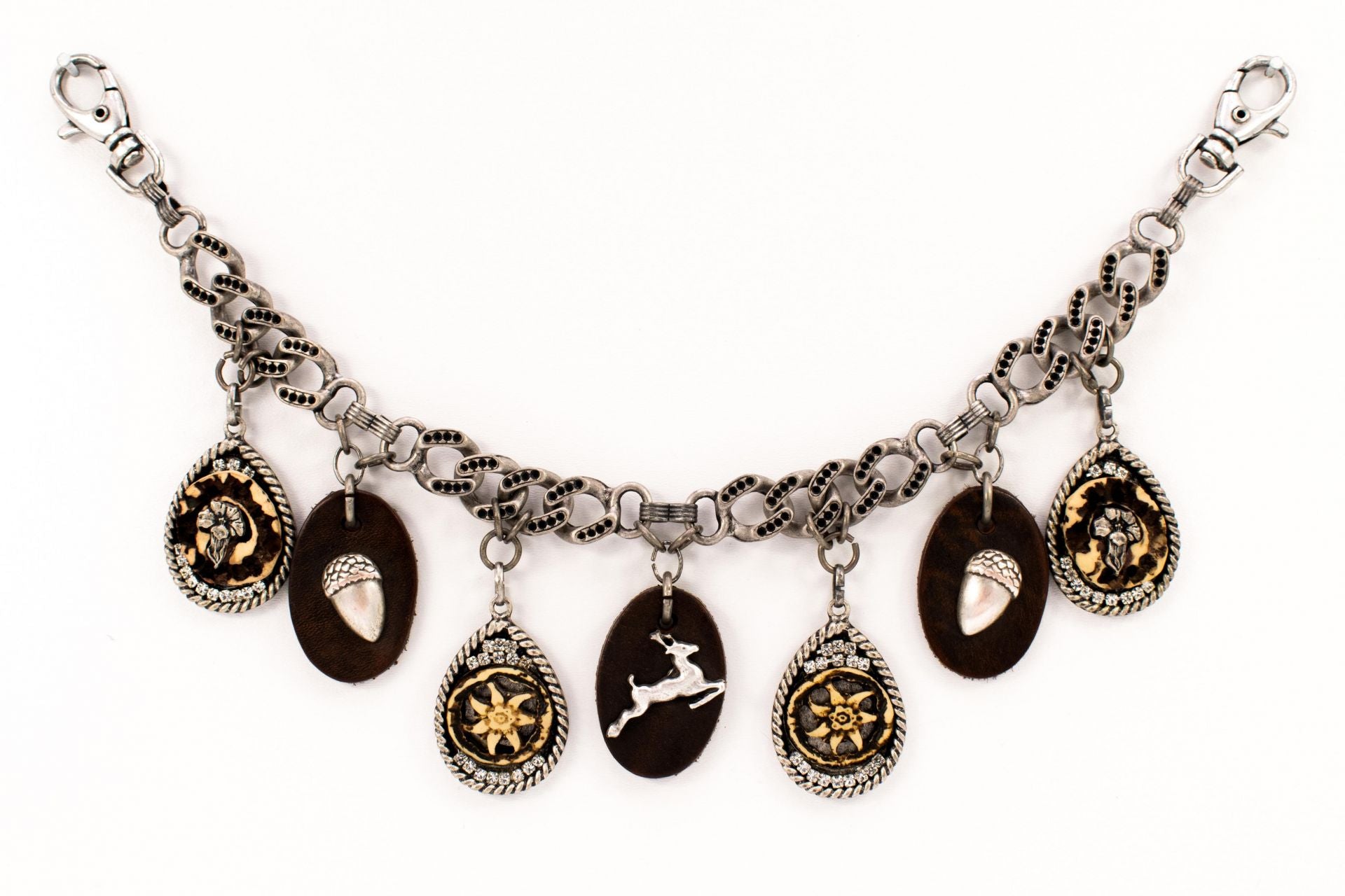 Charivari with acorn and stag on leather in antique silver