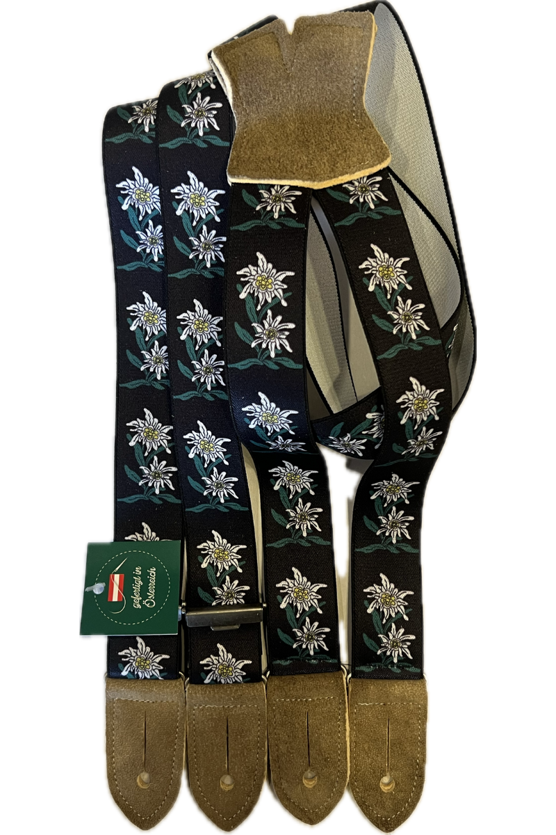 Lederhosen Edelweiss Black Suspenders for Buttons 120cm