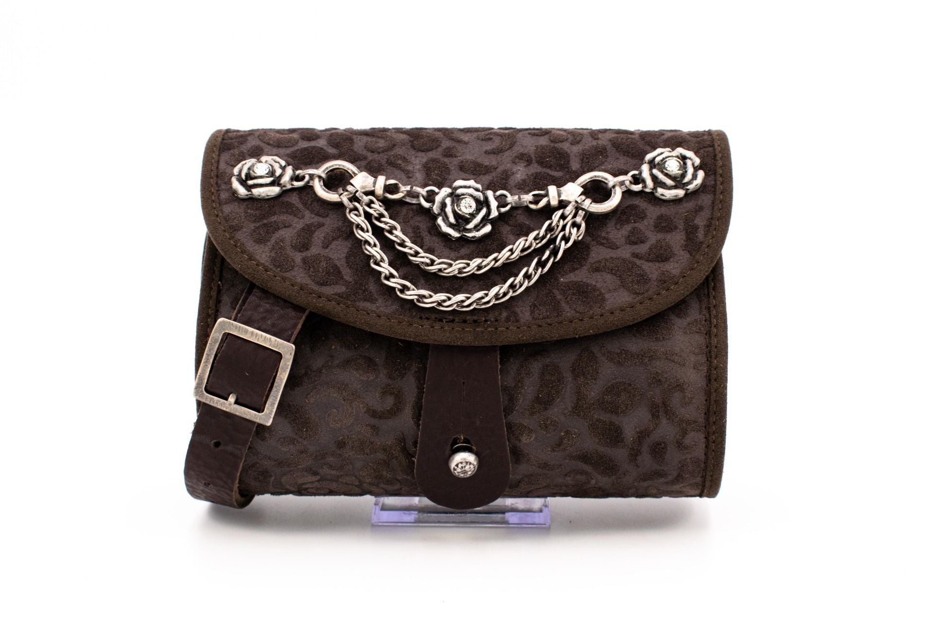 Sima Velvet-Embossed Leather Evening Clutch Bag with Ornate Silver Rose Chain Elements