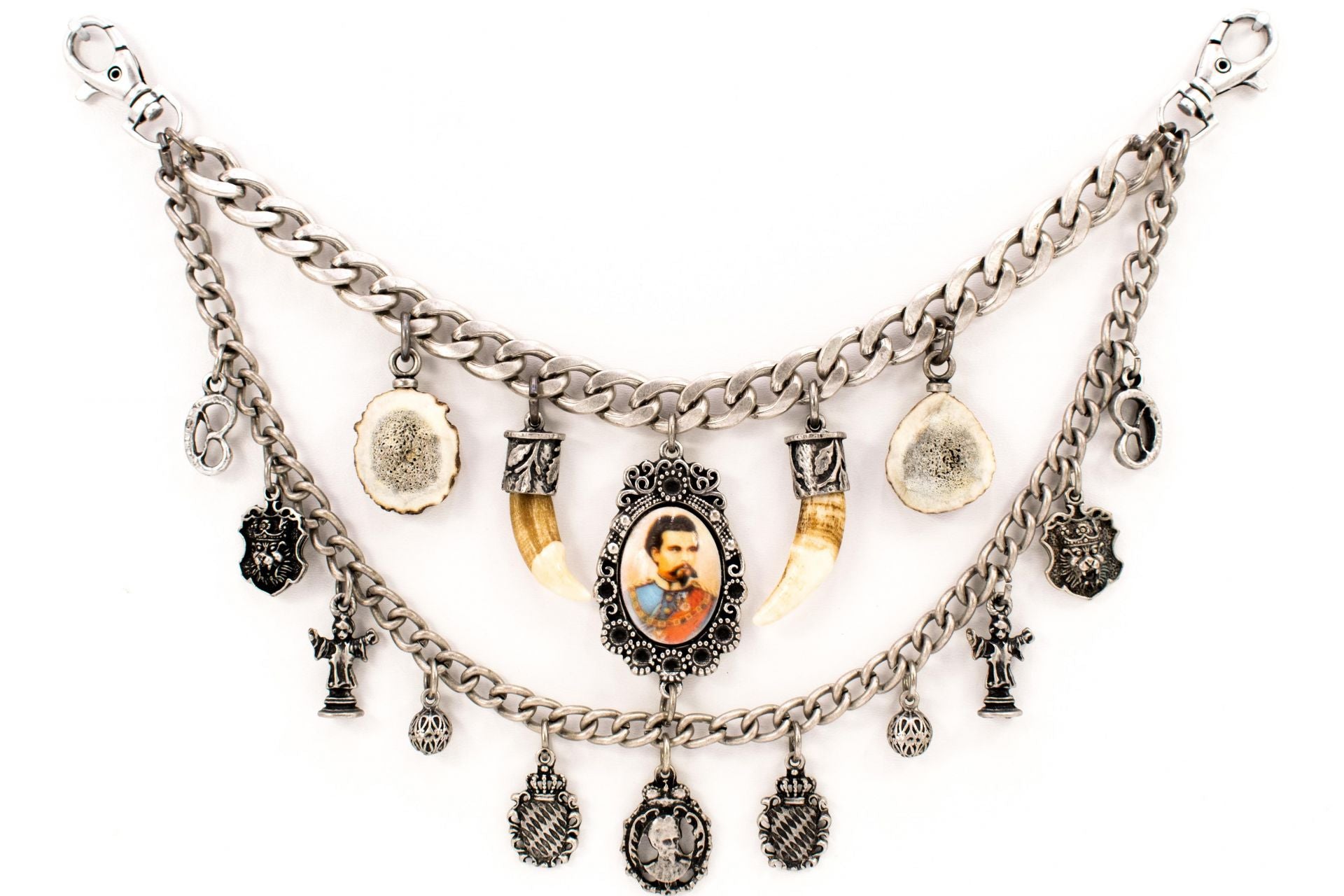 Charivari "Ludwig" with staghorn and double chain in antique silver