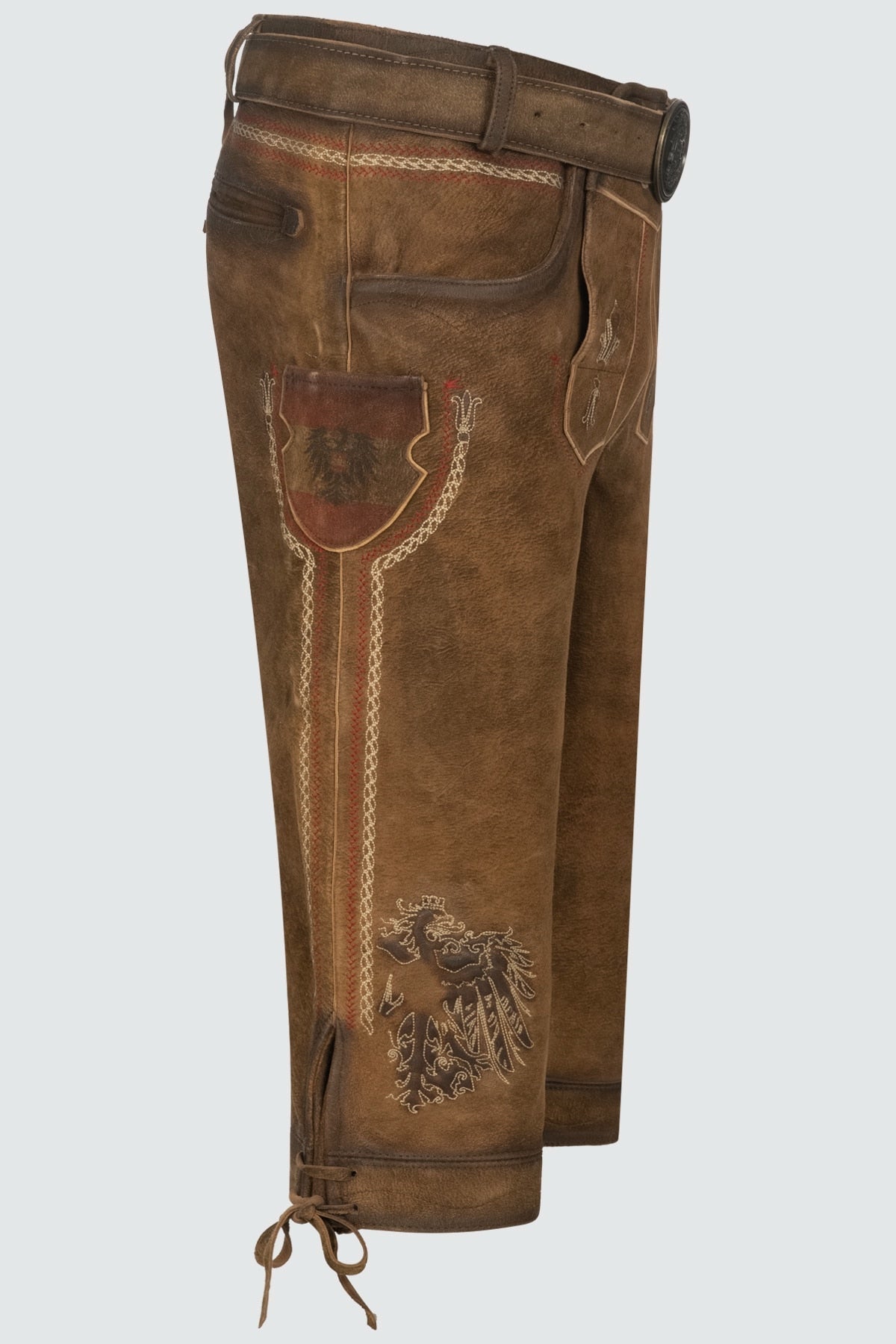 Kruger Men's Lederhosen "Mei Hoamat Kniebund" with Belt - Brown