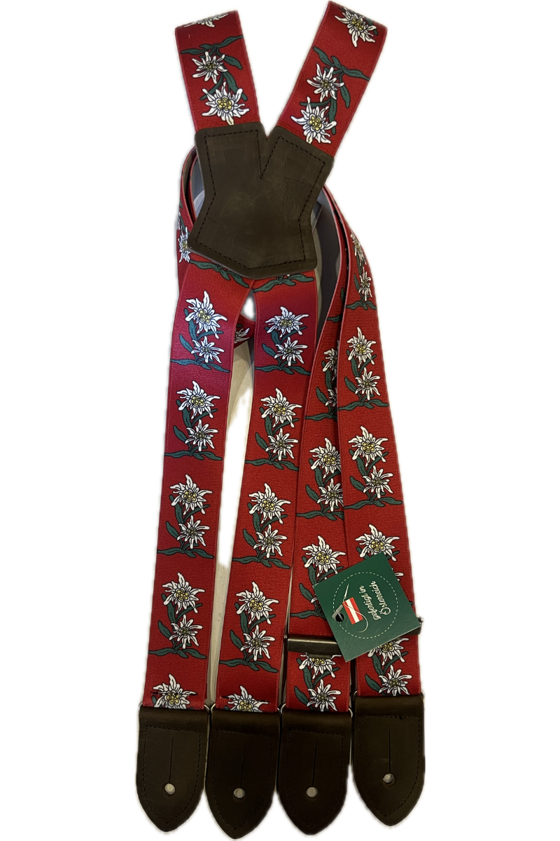 Lederhosen Edelweiss Red Suspenders for Buttons 120cm
