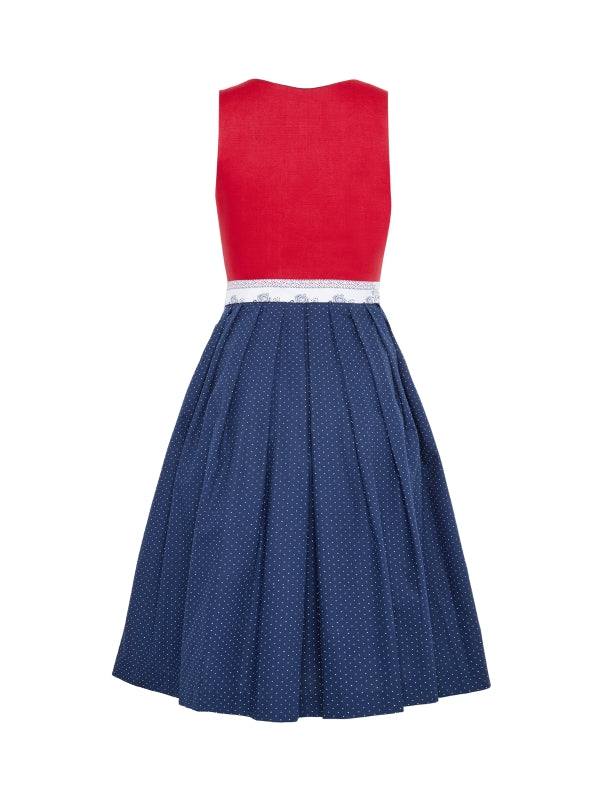 Red and blue Berwin Maxi Dirndl with floral apron, traditional style, 75cm length.