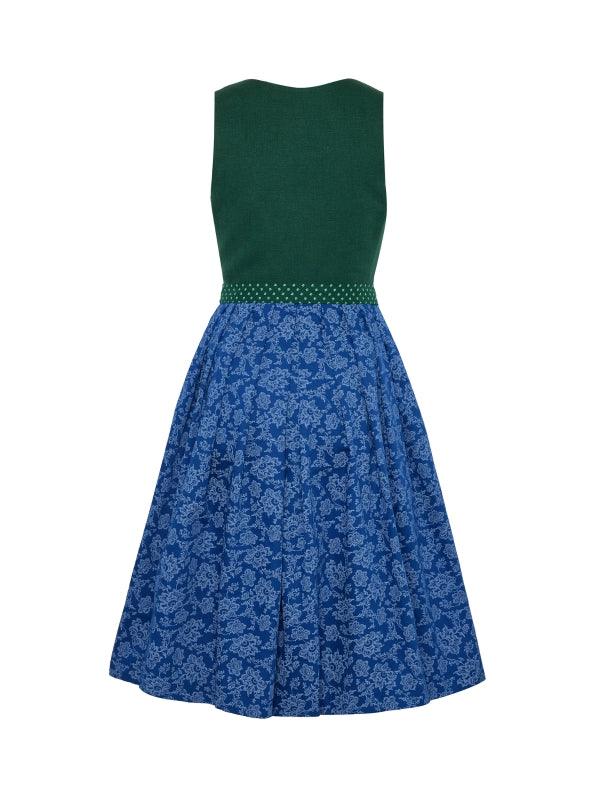 Green Berwin Maxi Dirndl with floral skirt and polka dot waist.