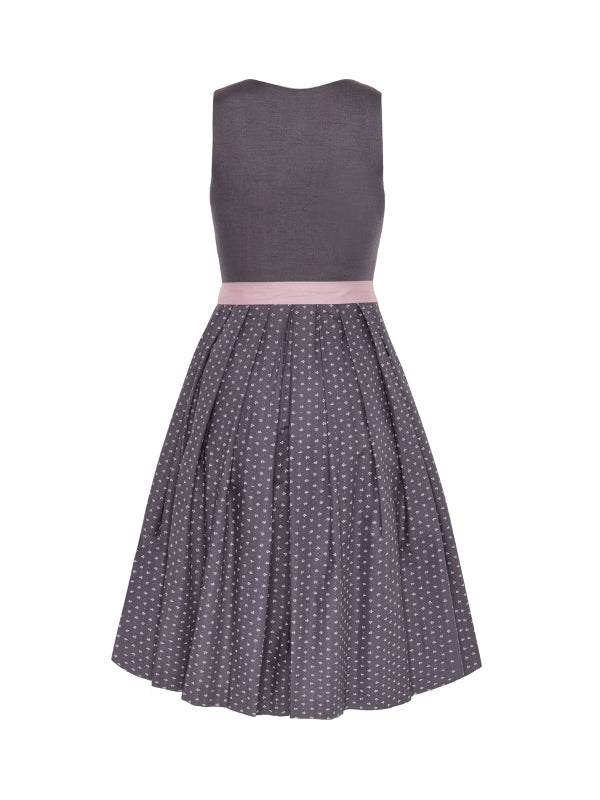 Berwin Maxi Dirndl 2pcs. anthracite with polka dot skirt and striped apron.