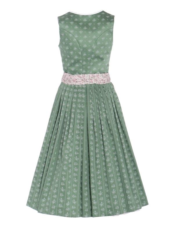 Berwin Maxi Dirndl 2pcs "Emmi" sage, 75cm, with pleated skirt, striped jacquard apron, and linen top.
