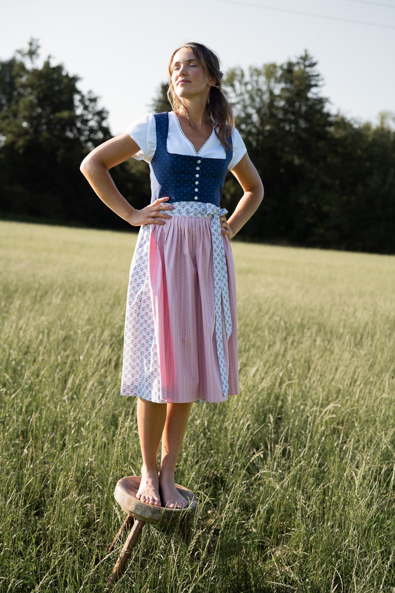 Berwin Long Dirndl 2pcs. 70cm "Maribell" blue/rose print
