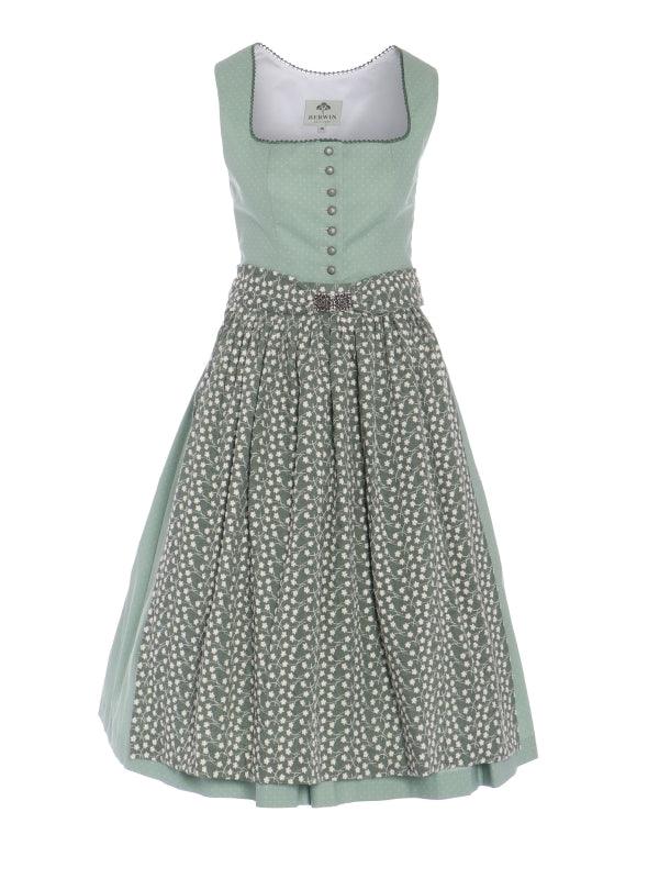 Berwin Long Dirndl 2pcs. in olive with polka dot print and embroidered apron, 70cm length.
