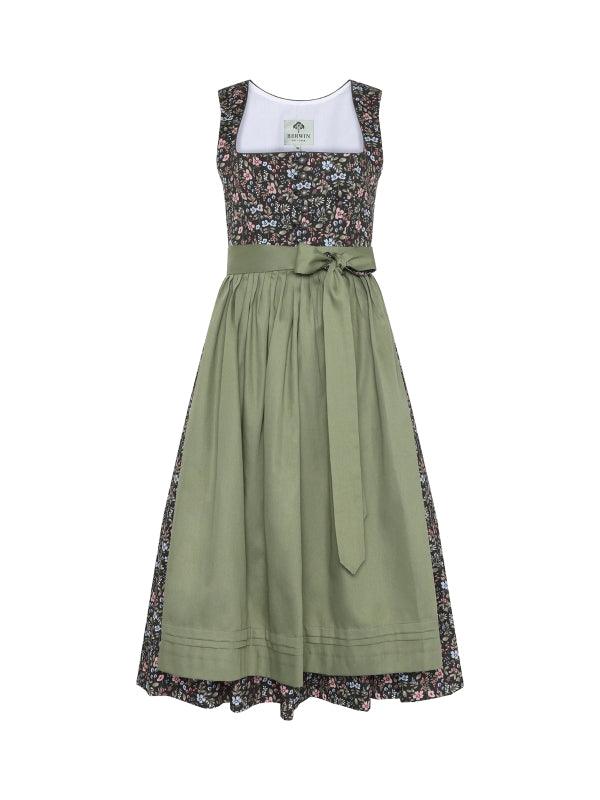 Berwin Maxi Dirndl 2pcs. 75cm "Elsbeth" in olive green with floral cotton print and satin apron.