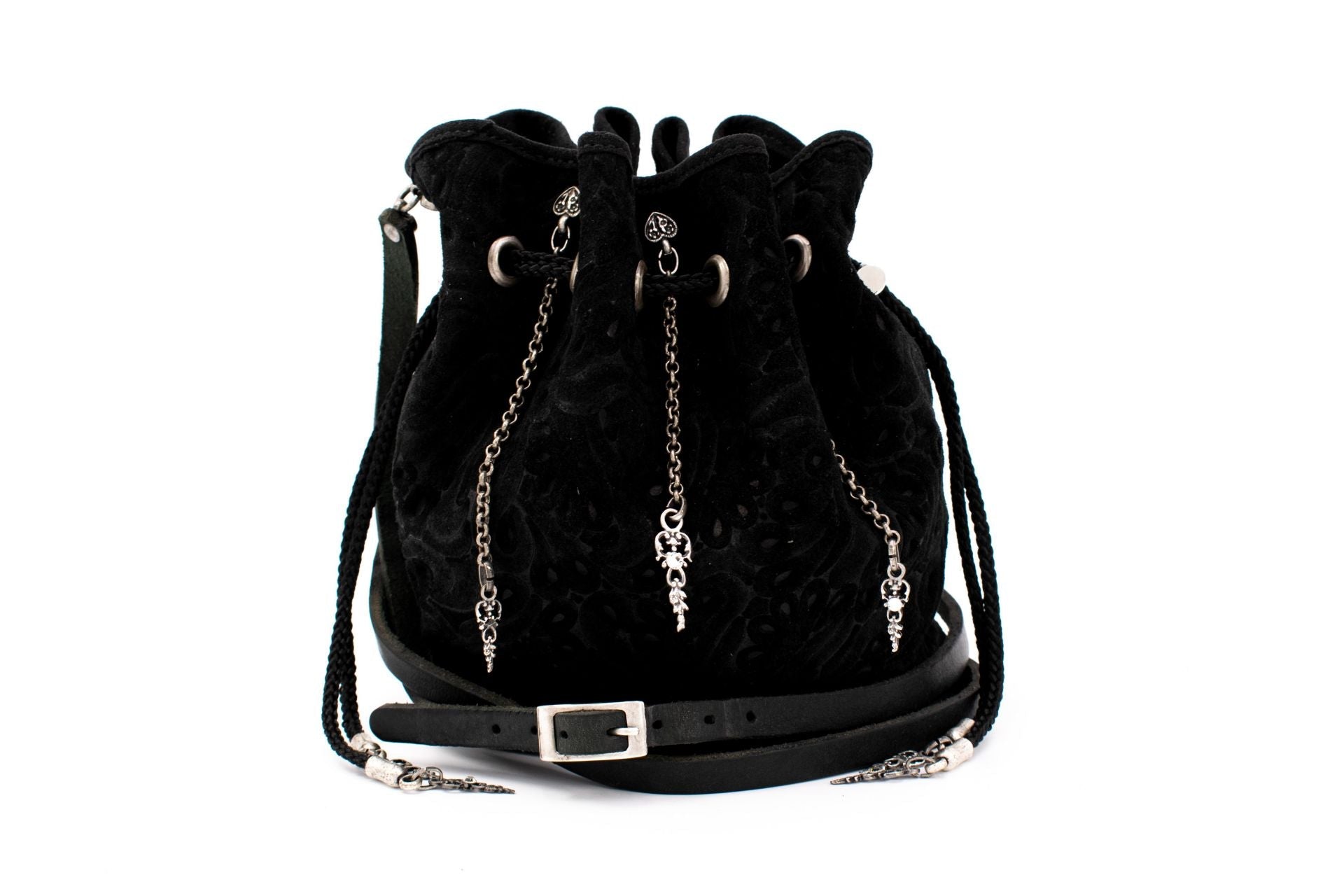 Black Patterned Velvet Pompadour Drawstring Pouch with Antique Silver Hanging Chain Accents & Leather Strap