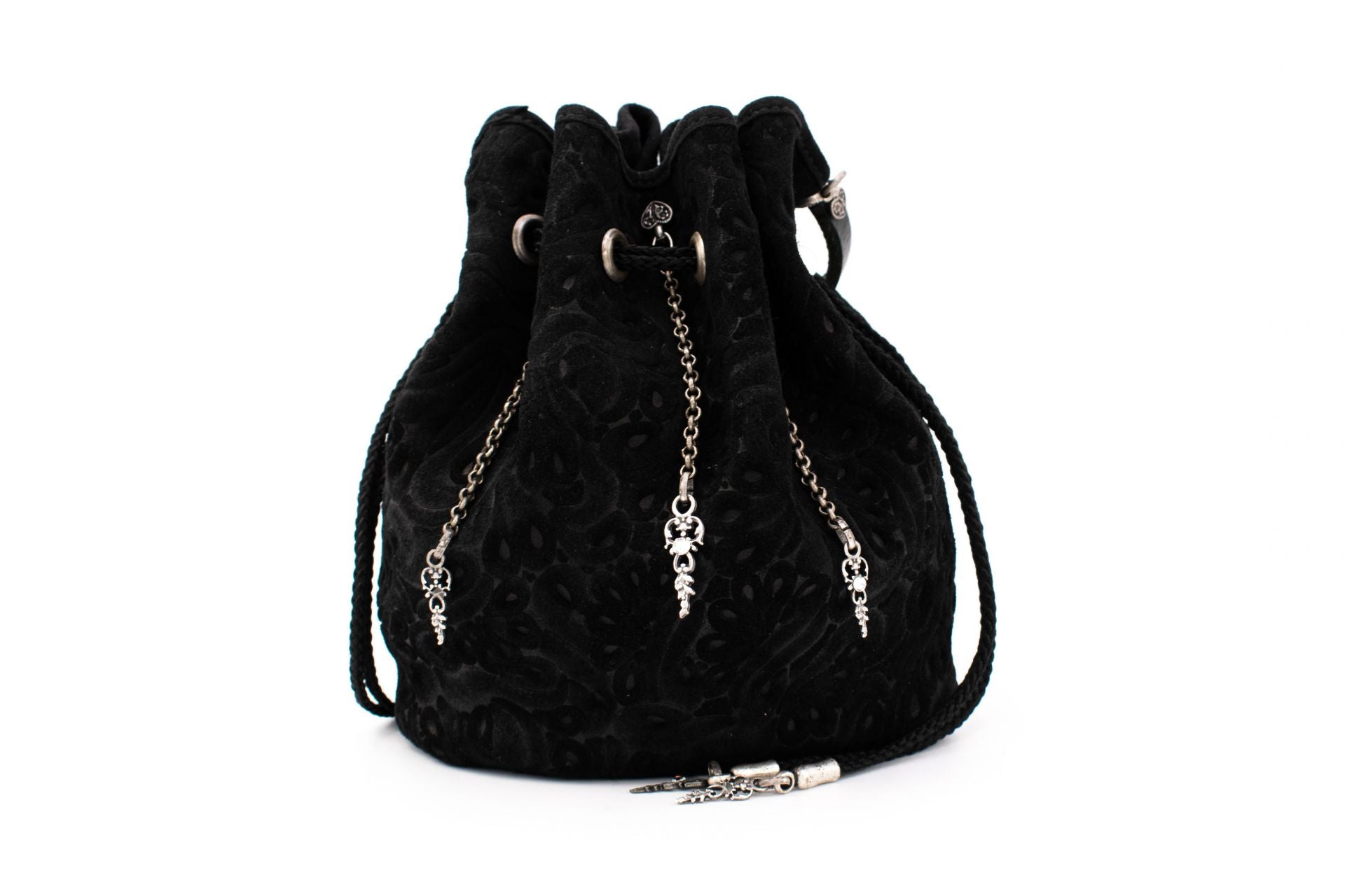 Black Patterned Velvet Pompadour Drawstring Pouch with Antique Silver Hanging Chain Accents & Leather Strap