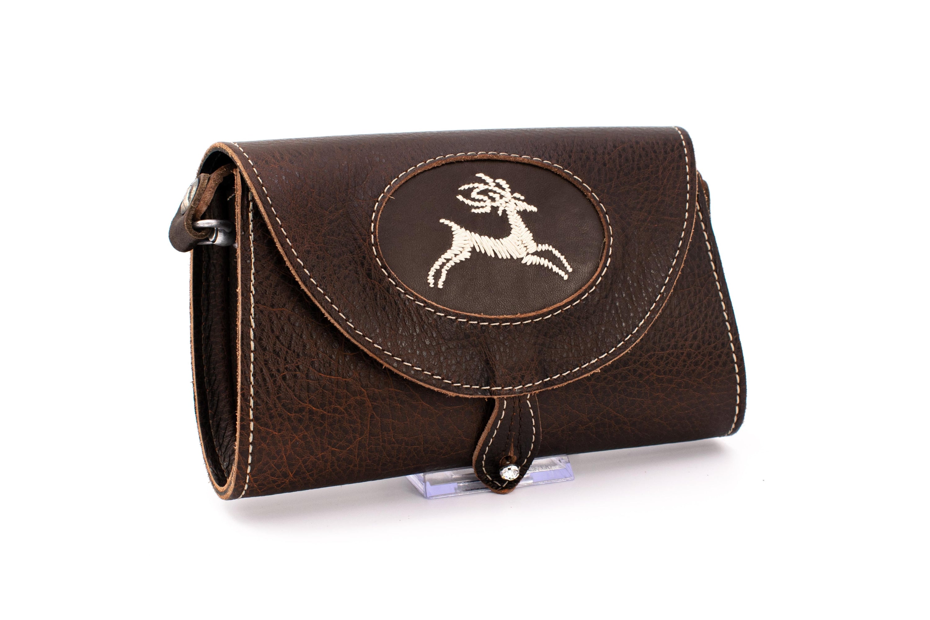 Austrian Structured Brown Leather Clutch Purse with Traditional "Deer" Embroidery