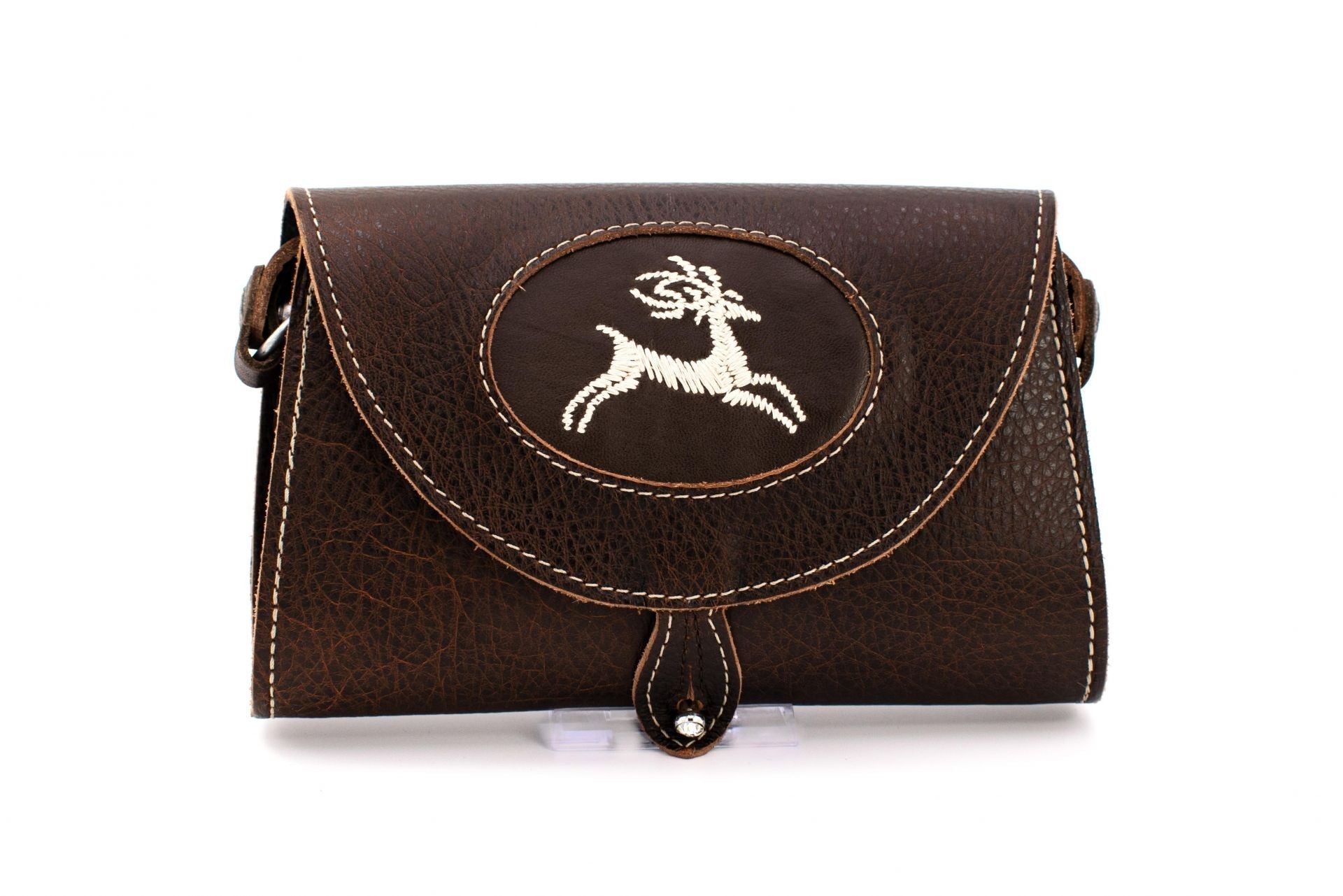Austrian Structured Brown Leather Clutch Purse with Traditional "Deer" Embroidery