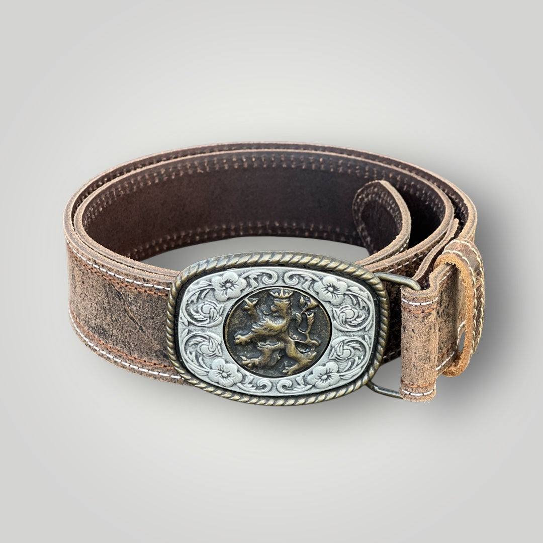 Buffalo hide leather belt with Bavarian lion buckle, handcrafted in Germany.
