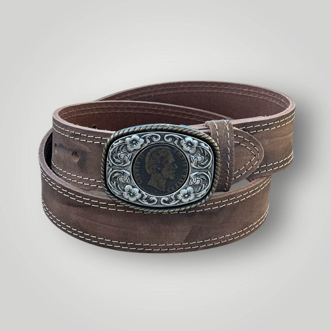 Buffalo Hide Leather Belt with King Ludwig II Coin Buckle, German Craftsmanship