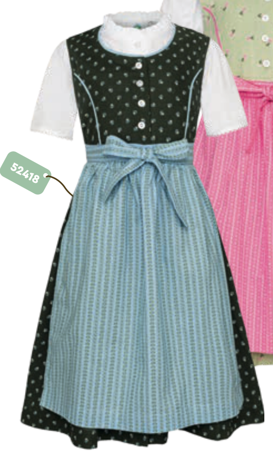 Isar Girls Dirndl "Livia" green with blue apron 3pcs. (152,158,164)