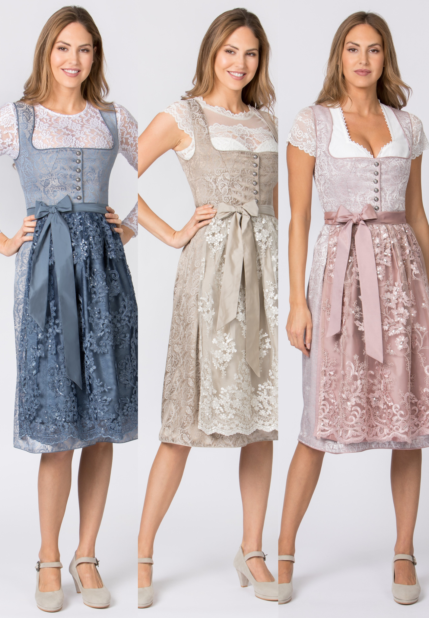 Stockerpoint Long Dirndl 2pcs. 70cm "Sidonia" Smoke Blue/Cream/Rose