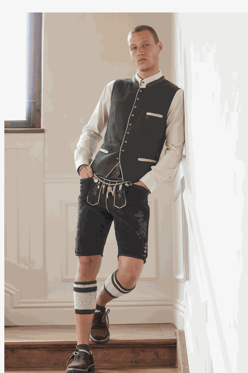 Kruger Men's Lederhosen in brown with embroidered pattern and belt.