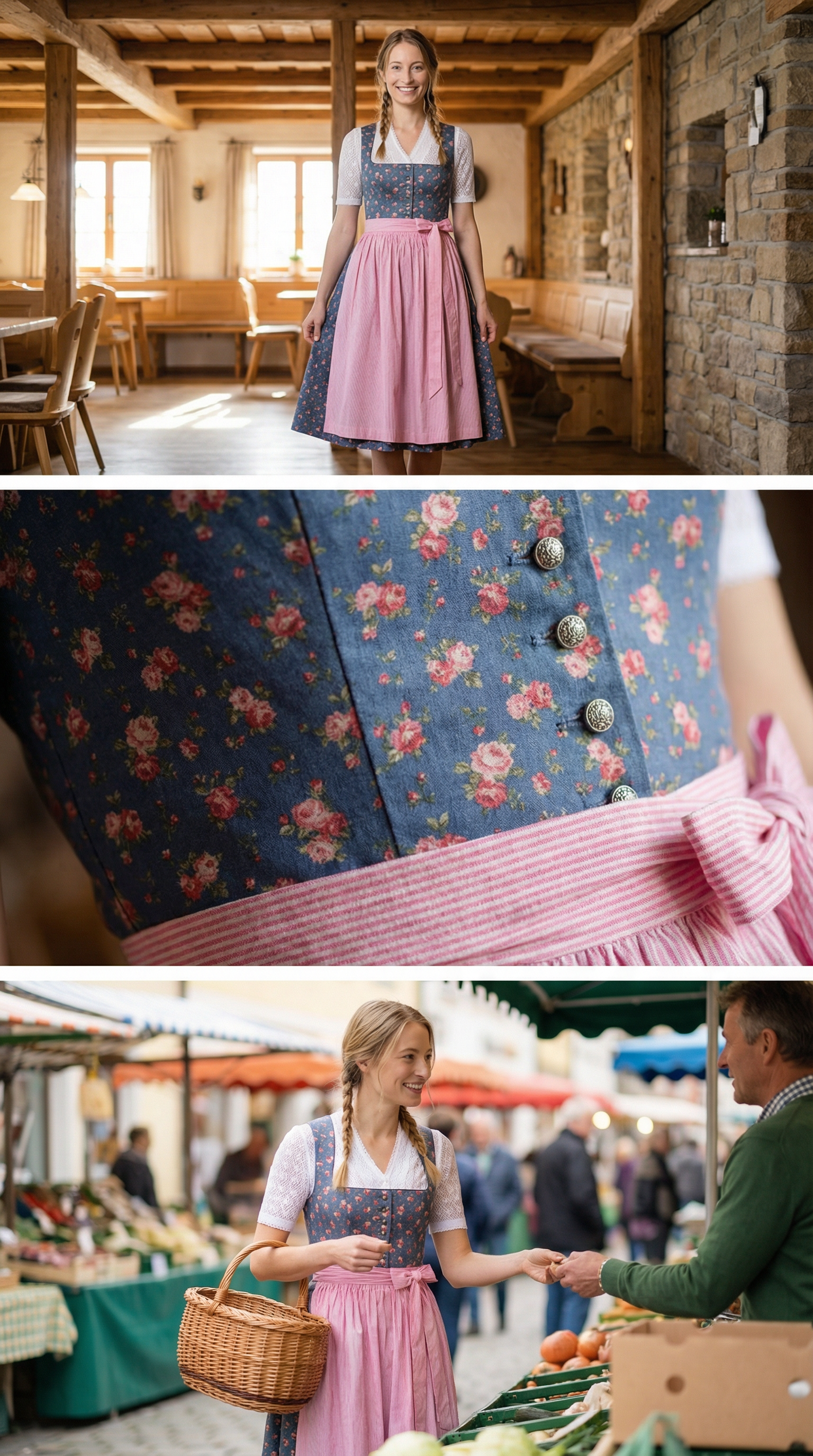 Berwin Long Dirndl 2pcs. 70cm "Daisy" rose/blue