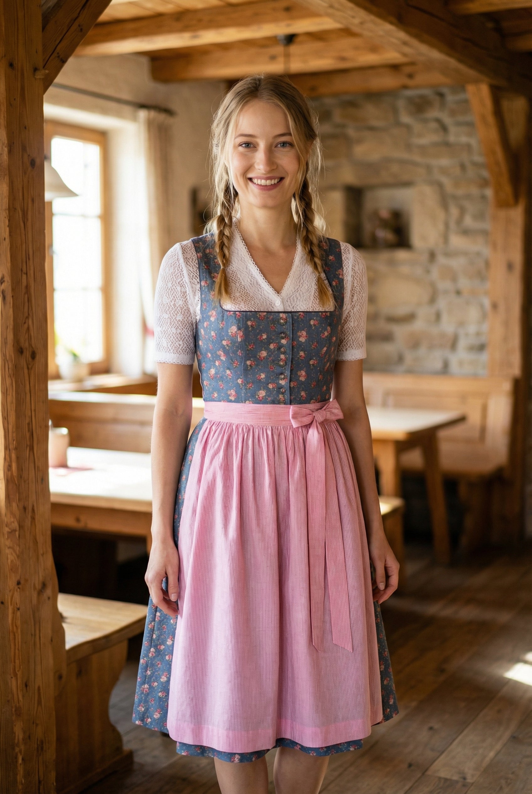 Berwin Long Dirndl 2pcs. 70cm "Daisy" rose/blue