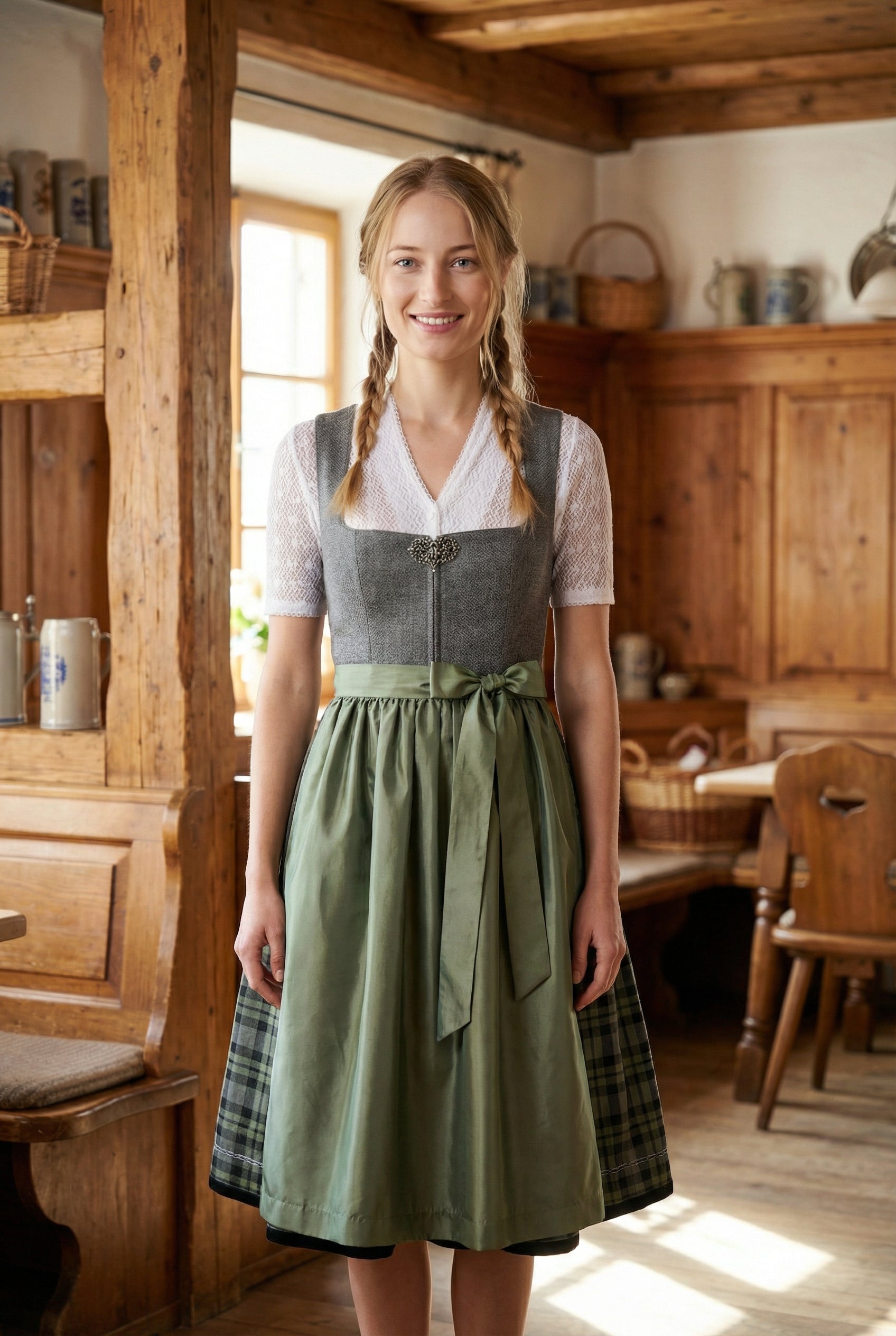 Berwin Maxi Velvet Dirndl 2pcs. 90cm "Daisy" sage/plaid