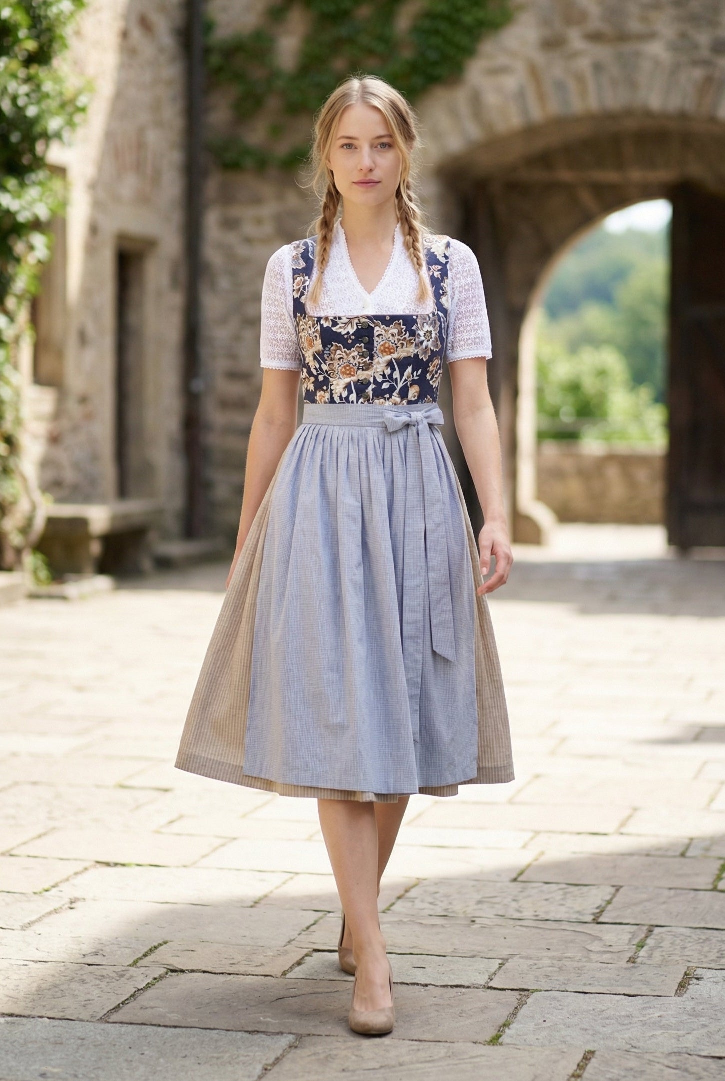 Berwin Long Dirndl 2pcs. 75cm "Kirsten" floral blue (38,40,42,46,48)