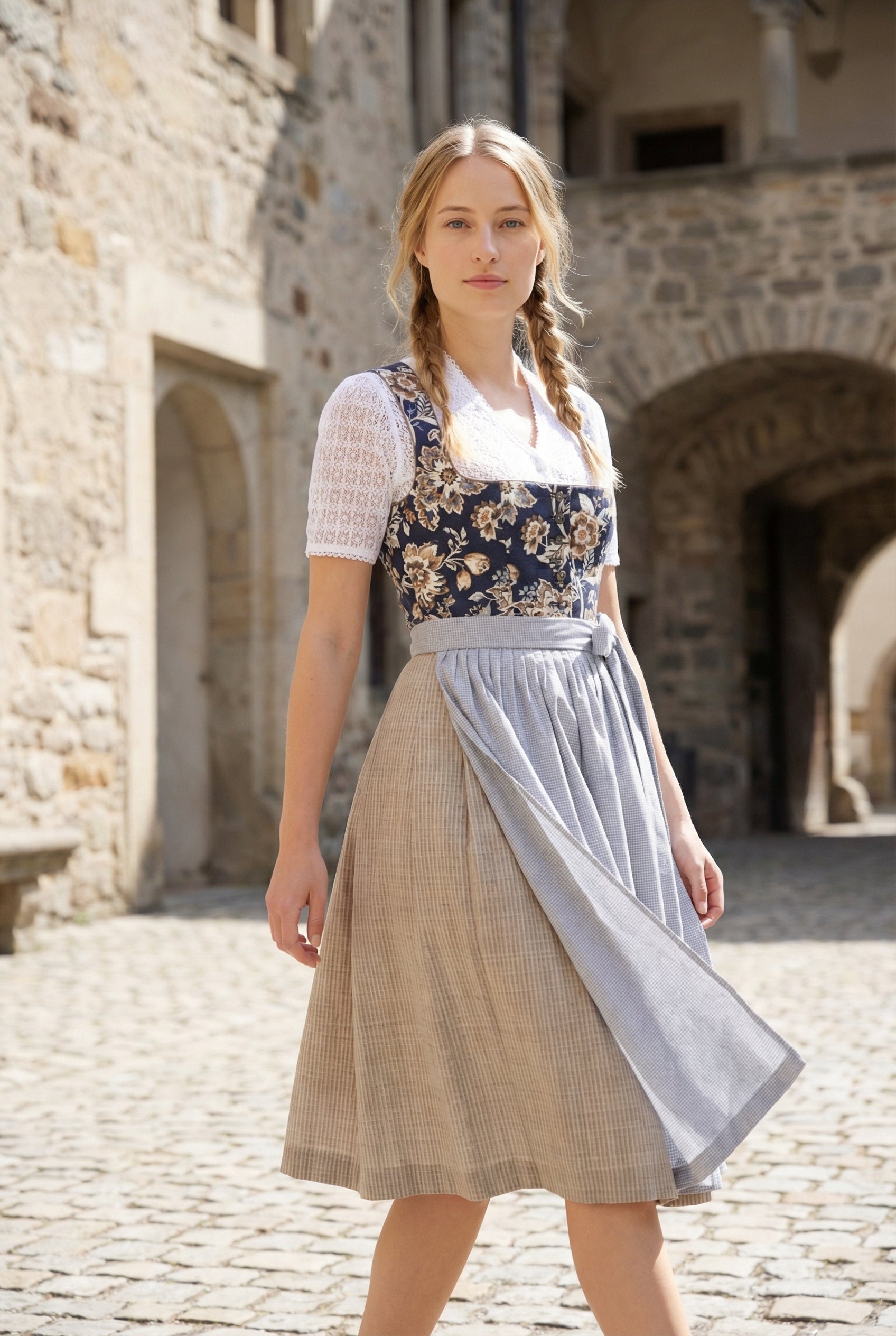 Berwin Long Dirndl 2pcs. 75cm "Kirsten" floral blue (38,40,42,46,48)