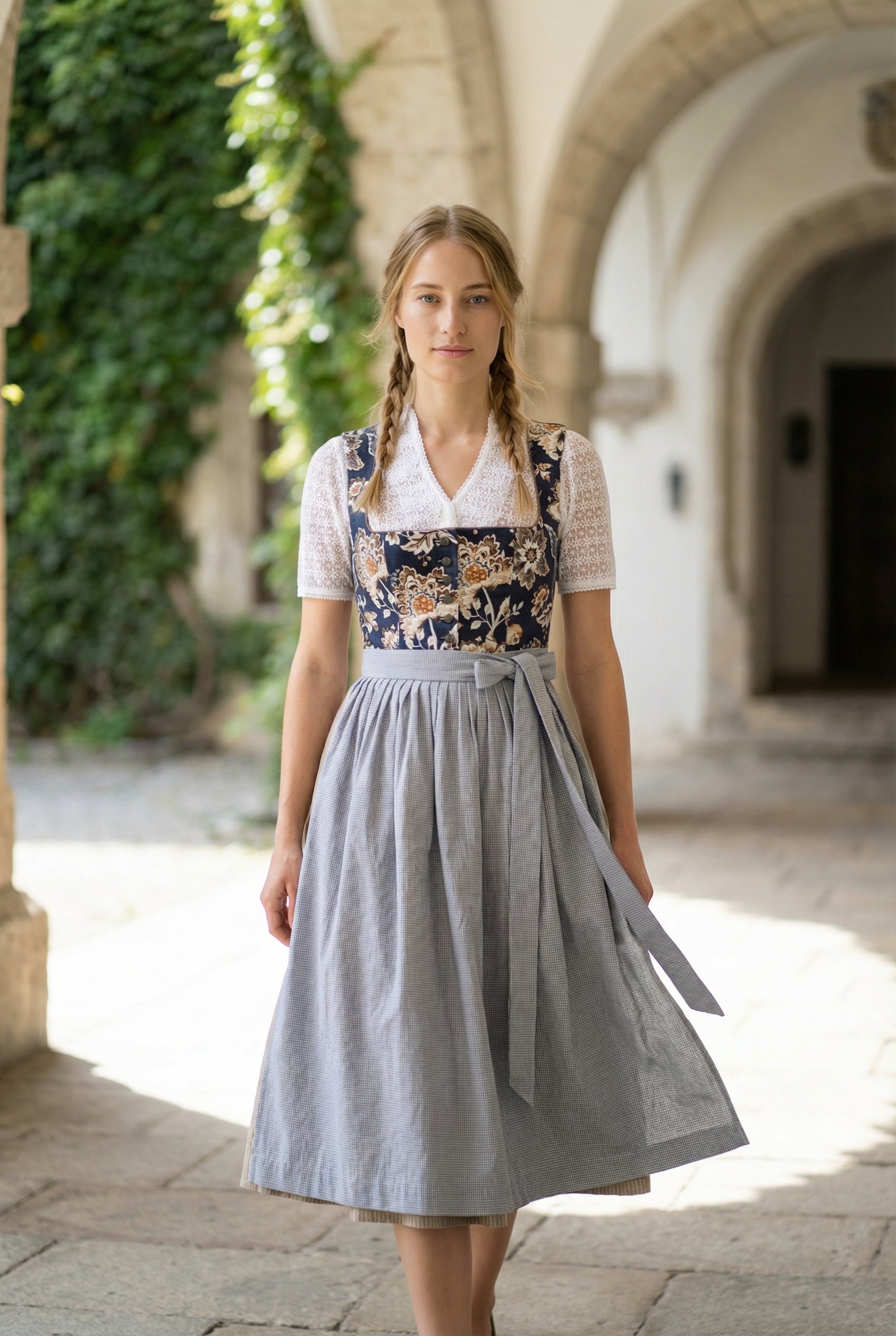 Berwin Long Dirndl 2pcs. 75cm "Kirsten" floral blue (38,40,42,46,48)