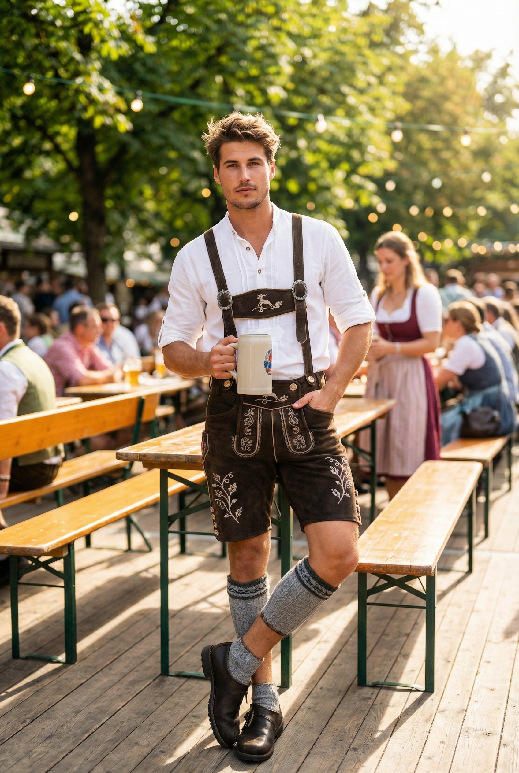 Men's Lederhosen "Vogtland3" H-Straps Dark Brown (in USA stock)