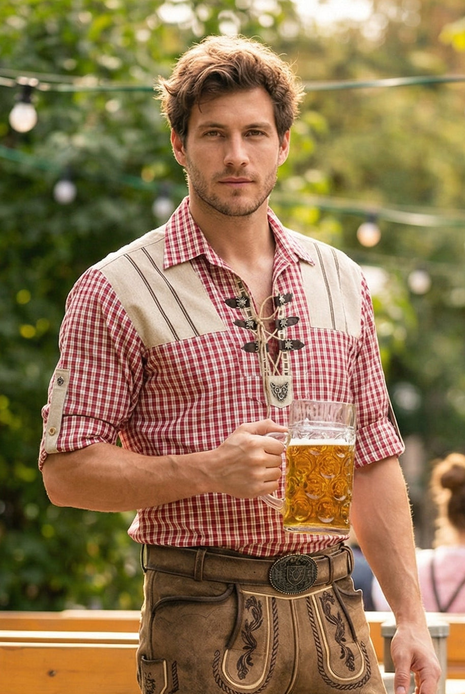 OS Trachten Men's Long Sleeve Regular Fit Shirt "Bergheim" red