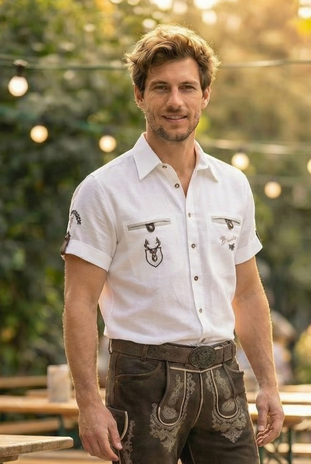 OS Trachten Men's 1/2 Sleeve Regular Fit Shirt "Alpenmark" white