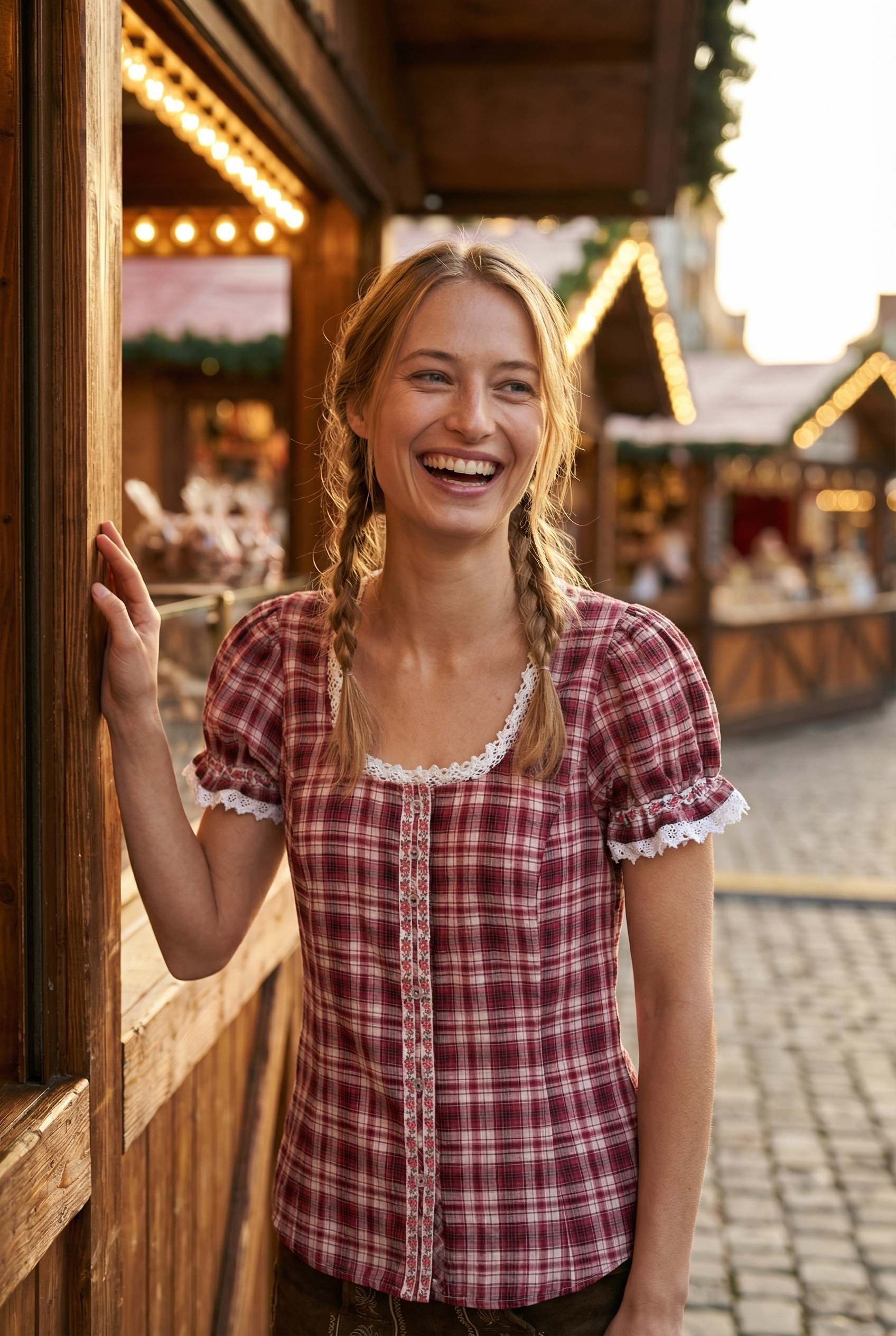 OS Trachten Women's Ruffled Dirndl Blouse — Red Check
